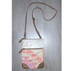 Myra Bag Genuine Leather Cow Hide Woven Textile Brown Crossbody Bag Small Purse